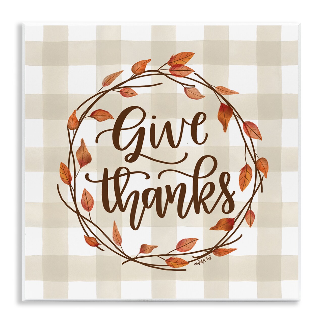 Give Thanks Neutral Plaid Autumn Leaves Wreath Wall Plaque Art